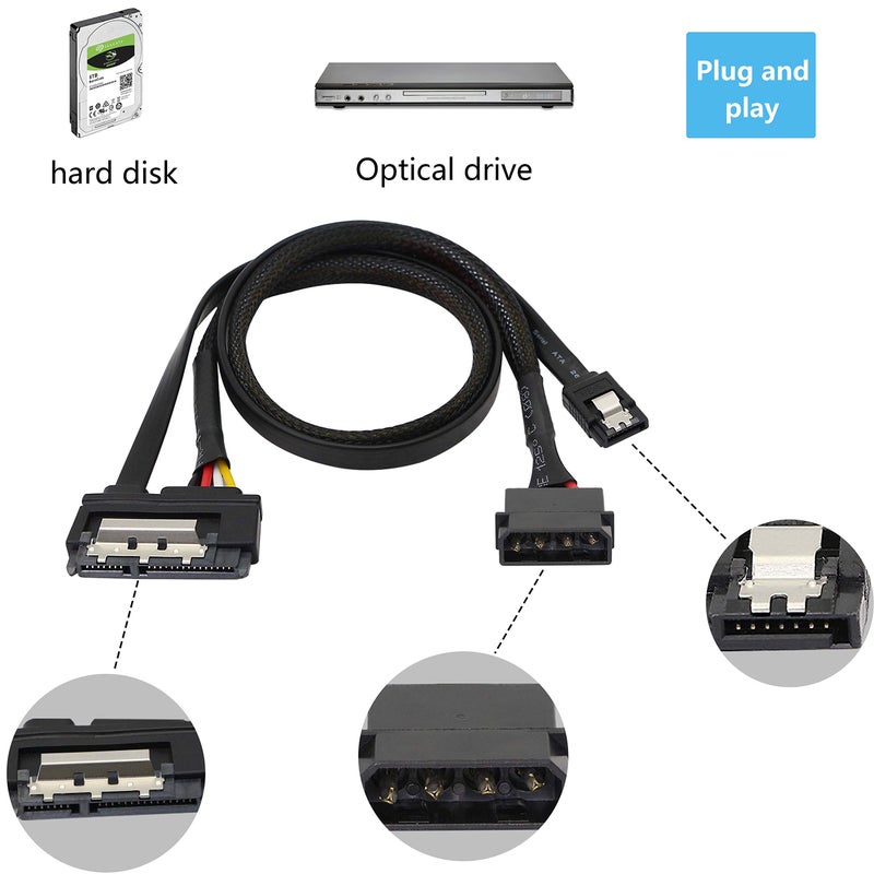 XMSJSIY SATA 6G Data Cable, SATA Power 2-In-1 Extension Cord, LP4 IDE 4 pin to SATA 15P Female with Serial ATA III 7 Pin Female for HDD, SSD, Optical Drives, DVD Burners, PCI Cards etc - 19.7in (2 Pack) - Image 4